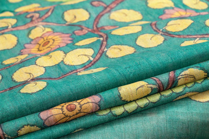 Blue Kalamkari Tussar Silk Saree Handpainted Floral And Peacock Patterns Organic Vegetable Dyes PT K VSR 106 - Kalamkari Silk - Panjavarnam