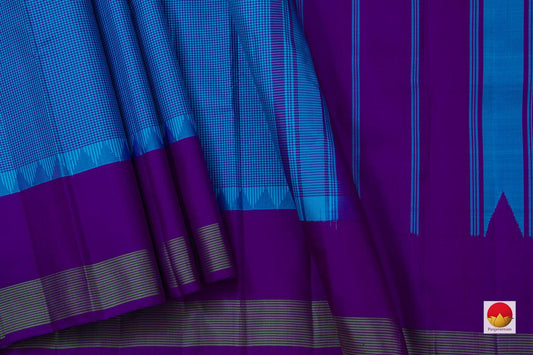 Blue Kanchipuram Silk Saree Handwoven Pure Silk Khasa Khasa Checks Temple Border No Zari PV KNN 189 - Silk Sari - Panjavarnam