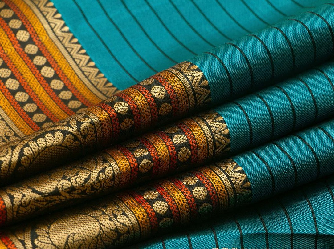 Blue Kanchipuram Silk Saree Handwoven Pure Silk No Zari For Office Wear PV RSP 114 - Silk Sari - Panjavarnam PV RSP 114