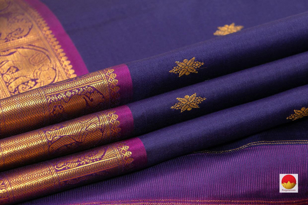 Blue Kanchipuram Silk Saree With Magenta Korvai Border Handwoven Pure Silk Pure Zari For Weddings PV J 6830 - Silk Sari - Panjavarnam