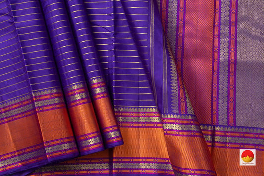 Blue Kanchipuram Silk Saree With Veldhari Stripes And Silk Thread Border Handwoven Pure Silk Pure Zari For Weddings PV NYC 985 - Silk Sari - Panjavarnam