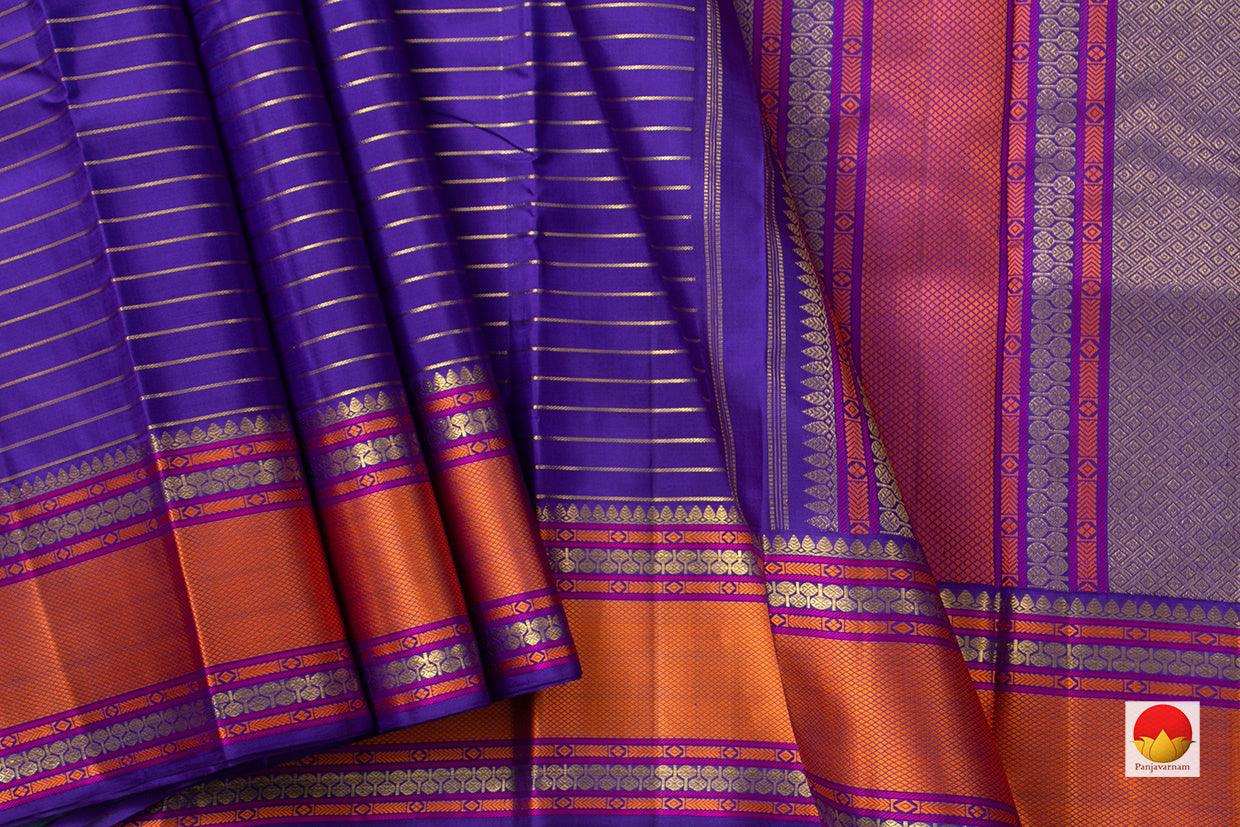 Blue Kanchipuram Silk Saree With Veldhari Stripes And Silk Thread Border Handwoven Pure Silk Pure Zari For Weddings PV NYC 985 - Silk Sari - Panjavarnam PV NYC 985