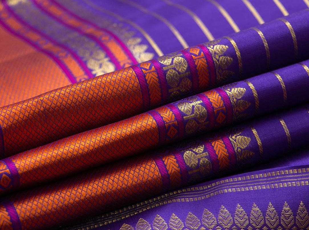 Blue Kanchipuram Silk Saree With Veldhari Stripes And Silk Thread Border Handwoven Pure Silk Pure Zari For Weddings PV NYC 985 - Silk Sari - Panjavarnam PV NYC 985