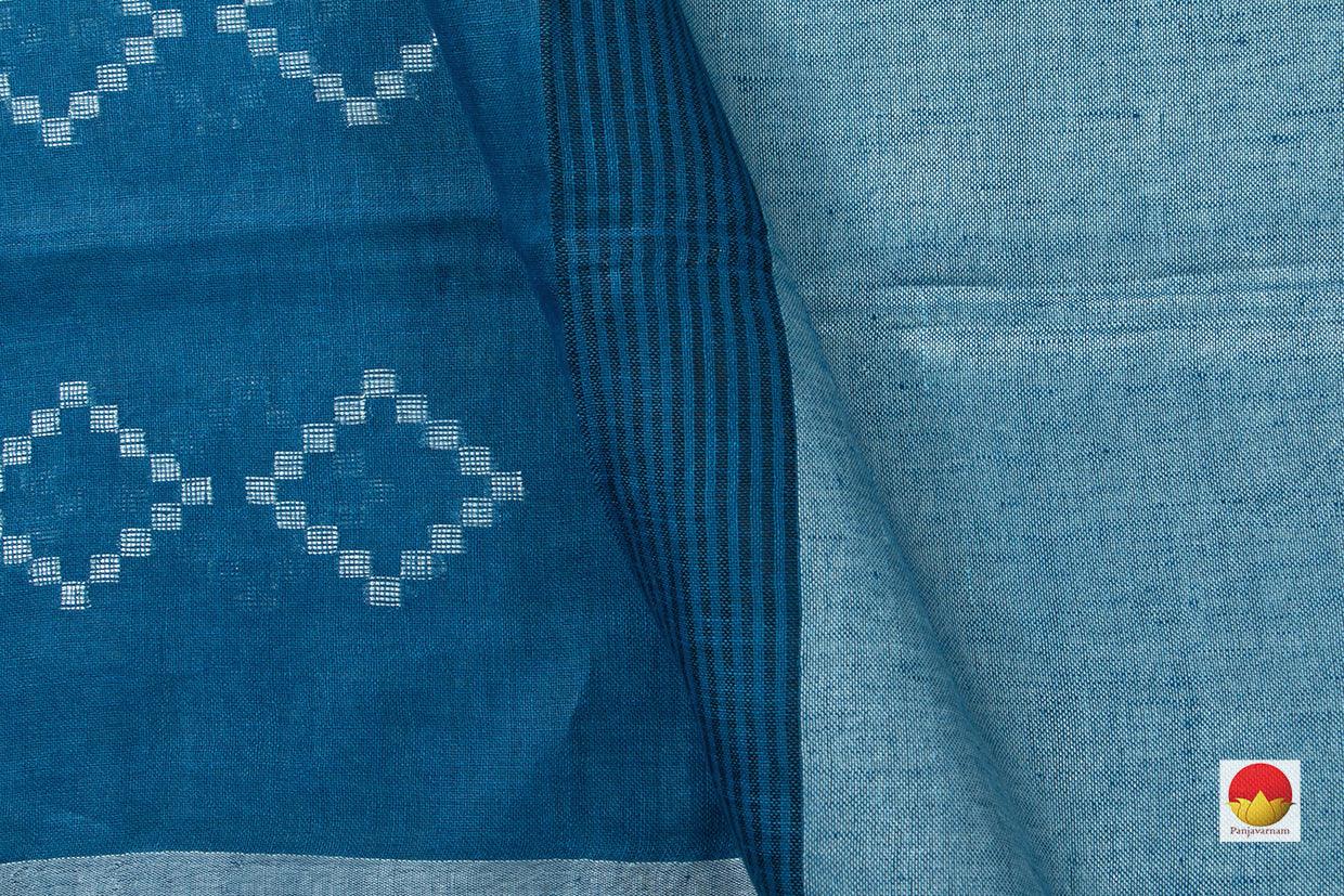 Blue Pure Linen Saree With Silver Zari Border Handwoven PL 2012 - Linen Sari - Panjavarnam