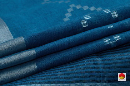 Blue Pure Linen Saree With Silver Zari Border Handwoven PL 2012 - Linen Sari - Panjavarnam