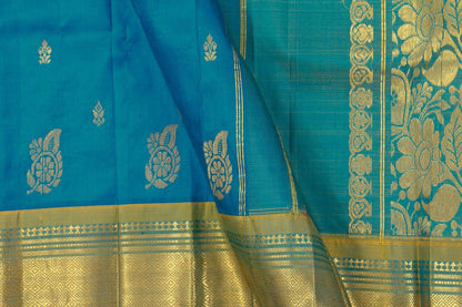 Blue Thirubhuvanam Silk Saree With Single Side Short Border Handwoven Pure Silk For Festive Wear PV ABI 30 - Silk Sari - Panjavarnam PV ABI 30