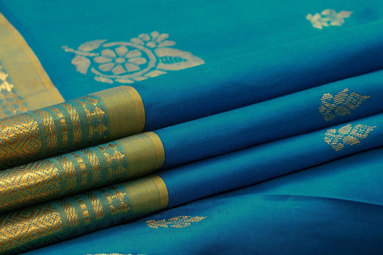 Blue Thirubhuvanam Silk Saree With Single Side Short Border Handwoven Pure Silk For Festive Wear PV ABI 30 - Silk Sari - Panjavarnam PV ABI 30