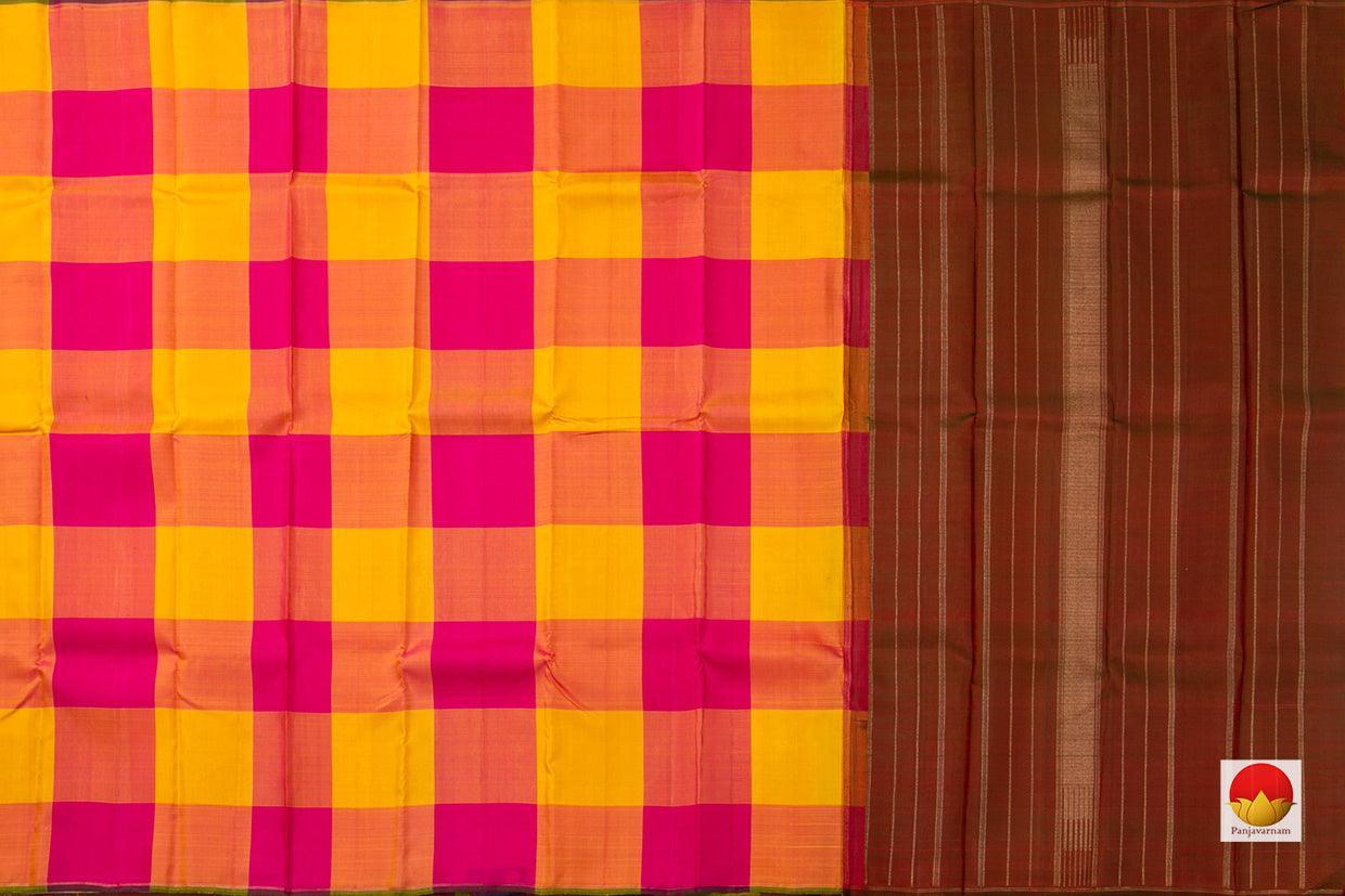 Borderless Multicolour Checks Maroon Pallu Kanchipuram Silk Saree Handwoven Pure Silk Pure Zari For Festive Wear PV NYC 655 - Silk Sari - Panjavarnam PV NYC 655