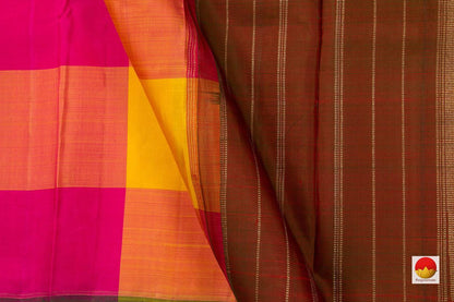 Borderless Multicolour Checks Maroon Pallu Kanchipuram Silk Saree Handwoven Pure Silk Pure Zari For Festive Wear PV NYC 655 - Silk Sari - Panjavarnam PV NYC 655