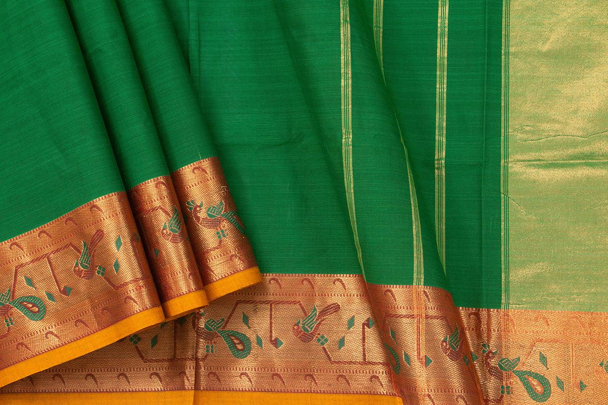 Bottle Green Kanchi Cotton Saree With Zari Border For Office Wear PV NYC KC 1082 - Cotton Saree - Panjavarnam PV NYC KC 1082