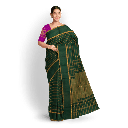 Bottle Green Kanchipuram Silk Saree With Contrast Blouse For Wedding Wear PV NYC 1292 - Silk Sari - Panjavarnam PV NYC 1292
