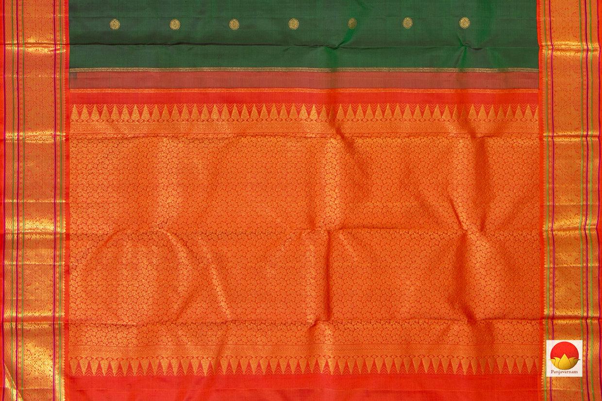 Bottle Green Kanchipuram Silk Saree With Orange Korvai Border And Gandaberunda Motifs Handwoven Pure Silk Pure Zari For Weddings - PV J 7220 - Silk Sari - Panjavarnam