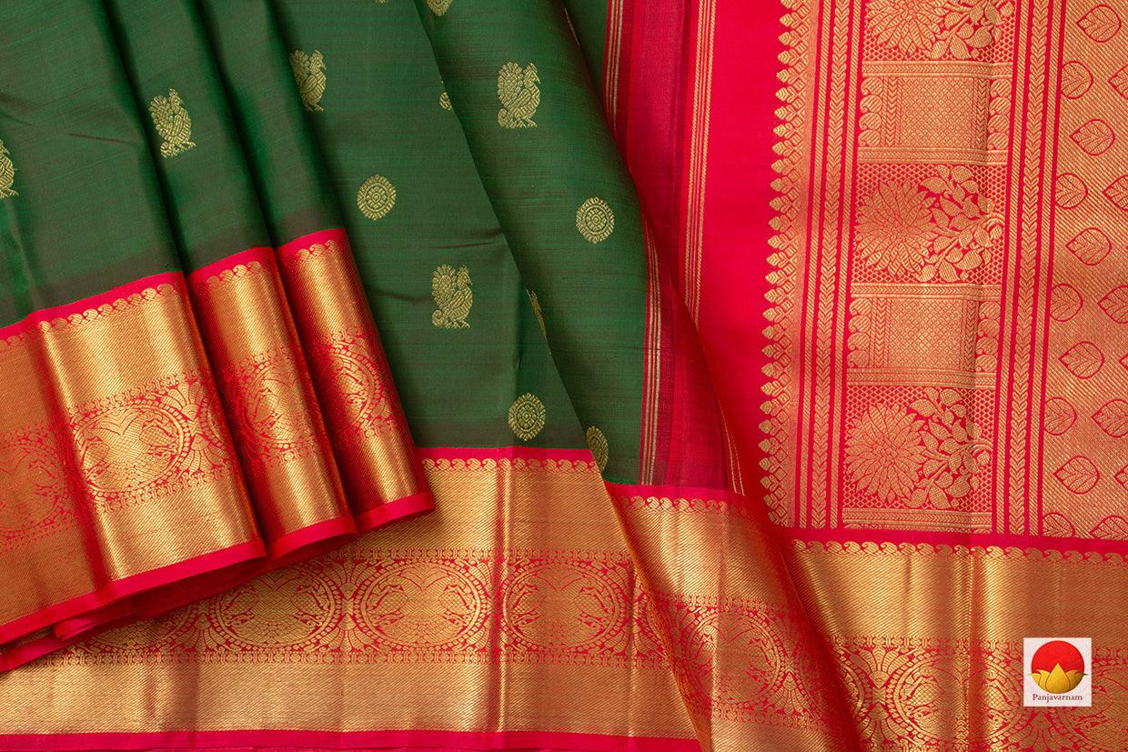 Bottle Green Kanchipuram Silk Saree With Red Korvai Border Handwoven Pure Silk Pure Zari For Wedding Wear PV NYC 909 - Silk Sari - Panjavarnam