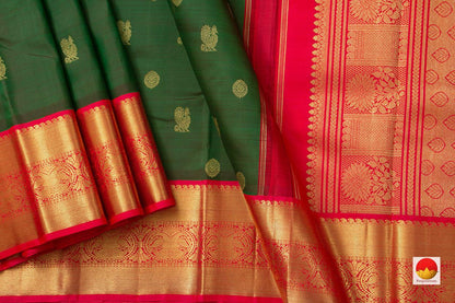 Bottle Green Kanchipuram Silk Saree With Red Korvai Border Handwoven Pure Silk Pure Zari For Wedding Wear PV NYC 909 - Silk Sari - Panjavarnam