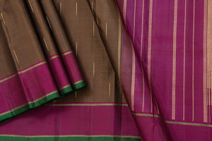 Brown And Magenta Kanchipuram Silk Saree With Small Border Handwoven Pure Silk For Festive Wear PV NYC 1003 - Silk Sari - Panjavarnam PV NYC 1003