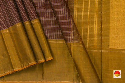Brown And Mustard Kanchipuram Silk Saree Handwoven Pure Silk Pure Zari For Festive Wear PV NYC 825 - Silk Sari - Panjavarnam