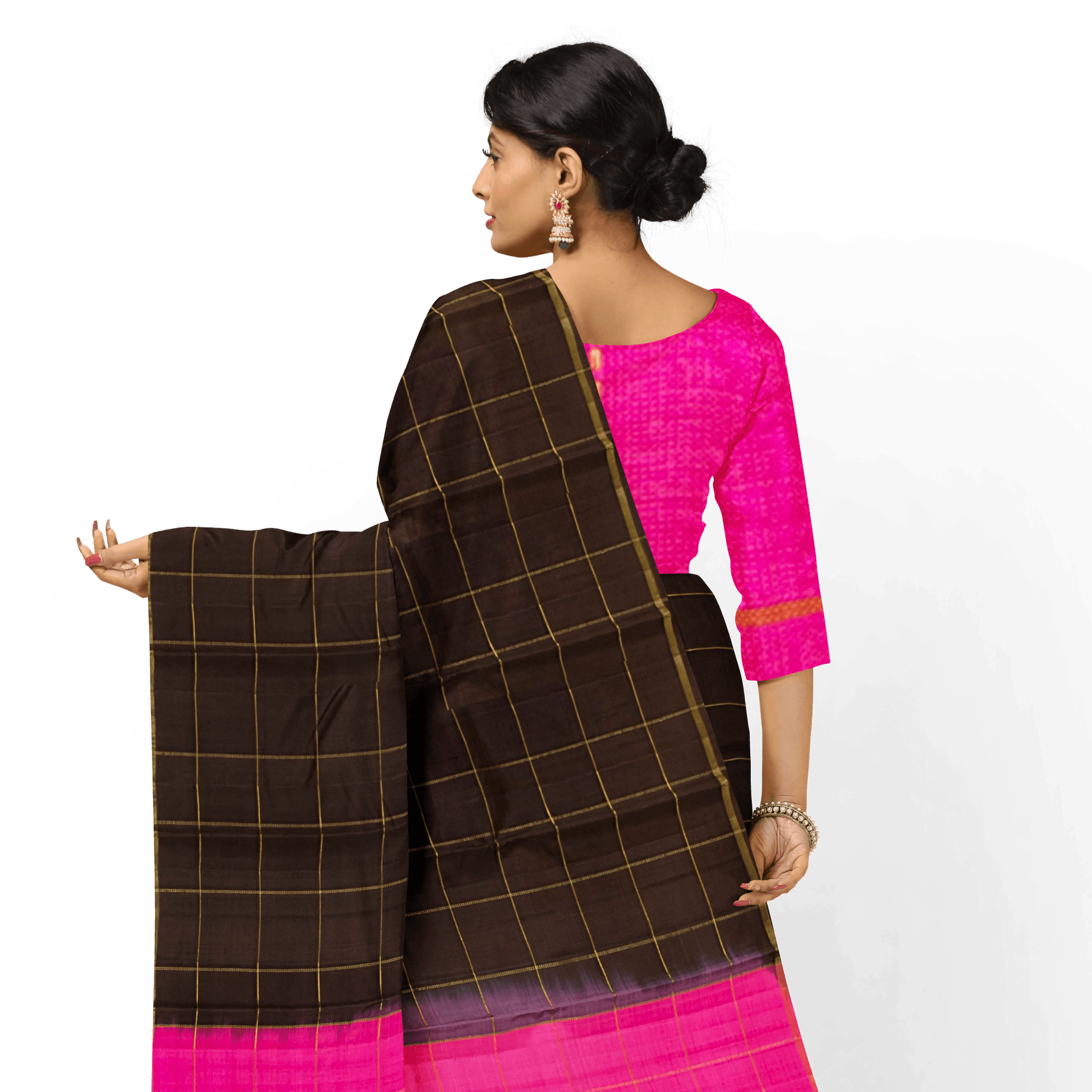 Brown And Pink Kanchipuram Borderless Silk Saree Handwoven Pure Silk Pure Zari For Festive Wear PV NYC 1407 - Silk Sari - Panjavarnam PV NYC 1407