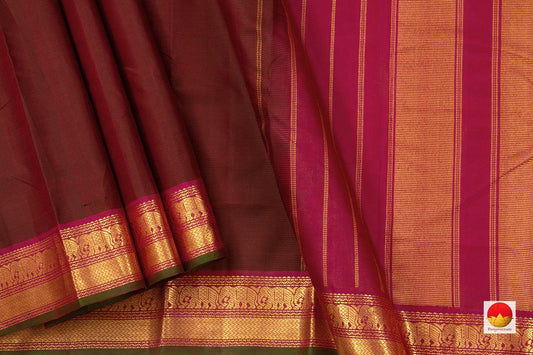 Brown And Pink Kanchipuram Silk Saree Handwoven Pure Silk Pure Zari For Festive Wear PV J 2561 - Silk Sari - Panjavarnam