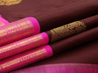 Brown And Pink Kanchipuram Silk Saree Handwoven Pure Silk Pure Zari With Korvai Contrast Border For Wedding Wear PV NYC 657 - Silk Sari - Panjavarnam