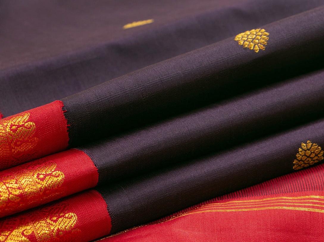 Brown And Red Kanchipuram Silk Saree With Small Border Handwoven Pure Silk For Wedding Wear PV NYC 1040 - Silk Sari - Panjavarnam PV NYC 1040