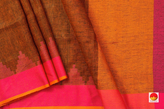 Brown Ganga Jamuna border Pure Linen Saree Handwoven PL 2018 - Linen Sari - Panjavarnam PL 2018