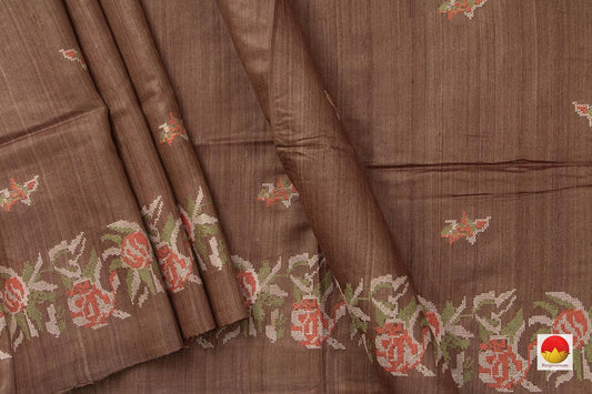 Cocoa Brown Pure Tussar Silk Saree With Embroidery Border For Office Wear PT 747 - Tussar Silk - Panjavarnam