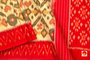 Cream And Red Pochampally Ikkat Cotton Saree Handwoven SC 156 - Cotton Saree - Panjavarnam SC 156