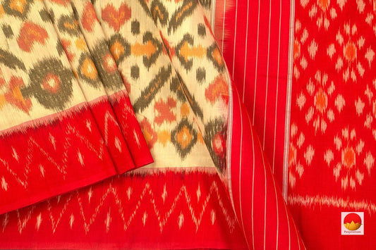 Cream And Red Pochampally Ikkat Cotton Saree Handwoven SC 156 - Cotton Saree - Panjavarnam SC 156