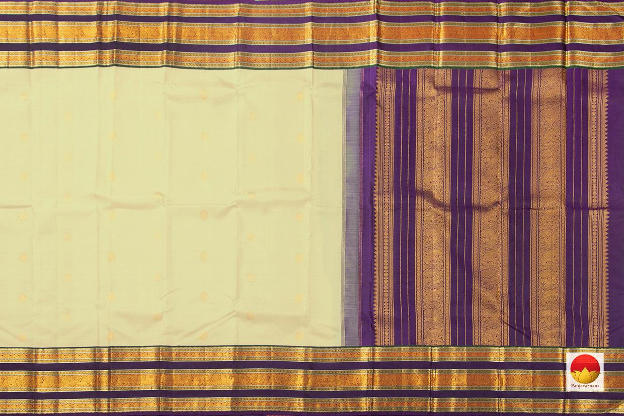 Cream And Violet Kanchipuram Silk Saree With Medium Border Handwoven Pure Silk For Festive Wear PV J 227 - Silk Sari - Panjavarnam
