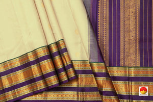 Cream And Violet Kanchipuram Silk Saree With Medium Border Handwoven Pure Silk For Festive Wear PV J 227 - Silk Sari - Panjavarnam PV J 227