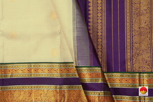 Cream And Violet Kanchipuram Silk Saree With Medium Border Handwoven Pure Silk For Festive Wear PV J 227 - Silk Sari - Panjavarnam PV J 227