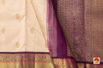Cream Kanchipuram Silk Saree With A Contrast Purple Border Handwoven Pure Silk Pure Zari For Wedding Wear PV NYC 902 - Silk Sari - Panjavarnam