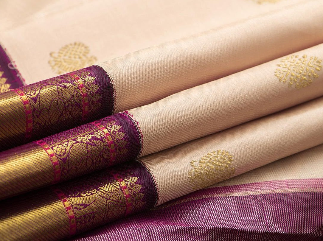 Cream Kanchipuram Silk Saree With A Contrast Purple Border Handwoven Pure Silk Pure Zari For Wedding Wear PV NYC 902 - Silk Sari - Panjavarnam
