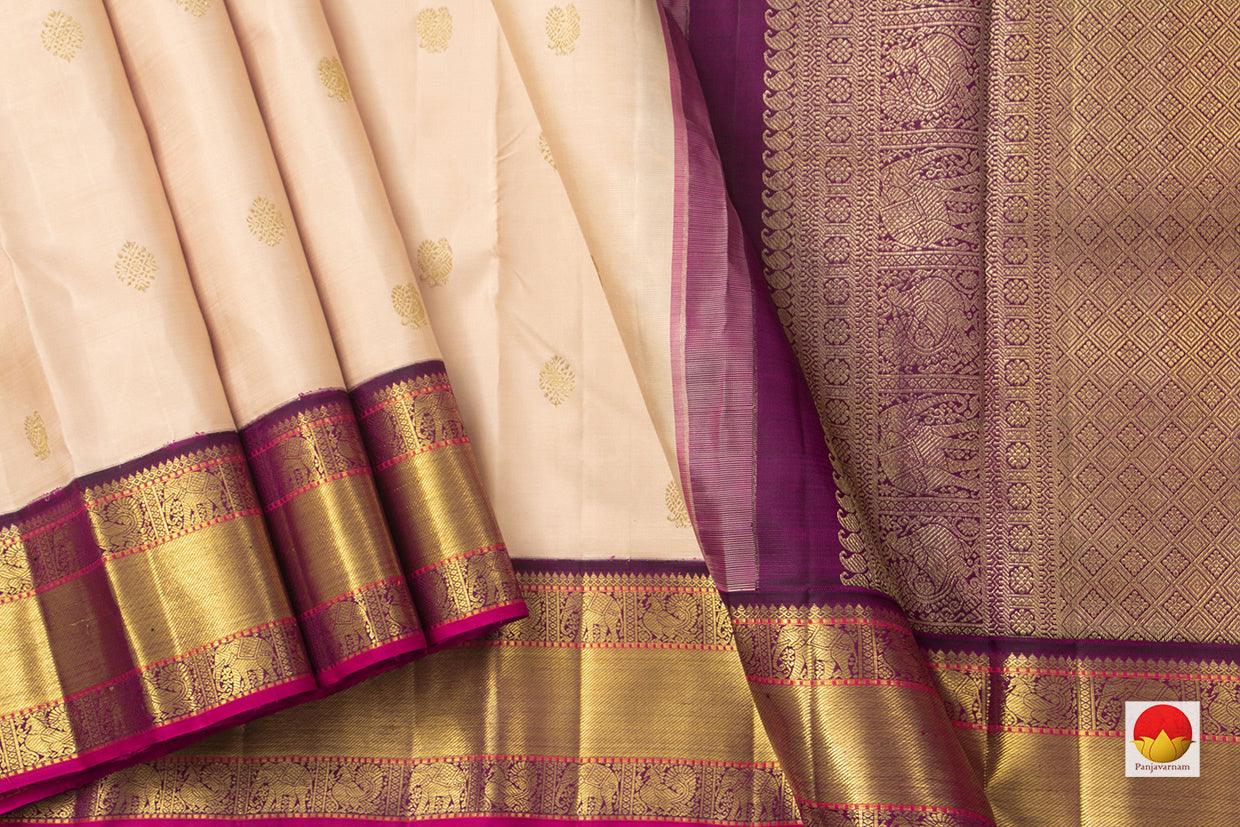 Cream Kanchipuram Silk Saree With A Contrast Purple Border Handwoven Pure Silk Pure Zari For Wedding Wear PV NYC 902 - Silk Sari - Panjavarnam PV NYC 902