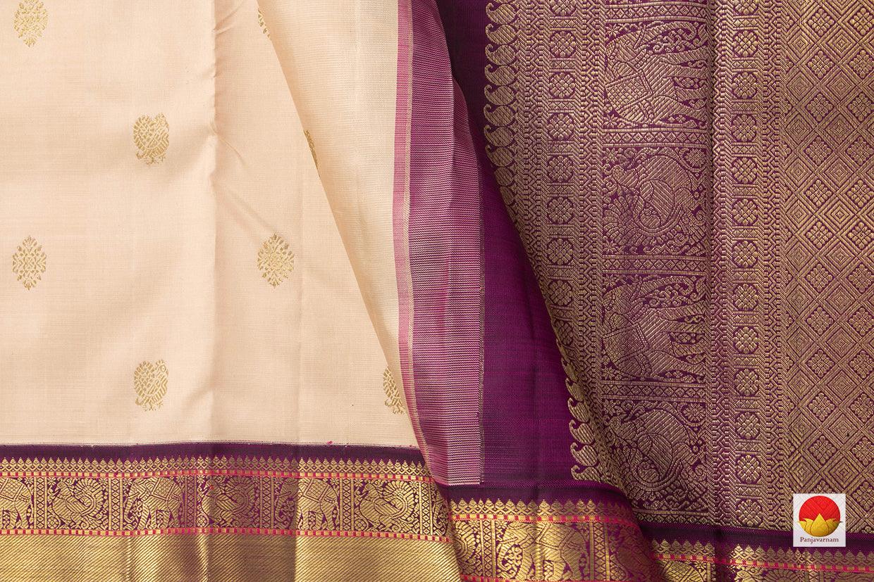 Cream Kanchipuram Silk Saree With A Contrast Purple Border Handwoven Pure Silk Pure Zari For Wedding Wear PV NYC 902 - Silk Sari - Panjavarnam PV NYC 902