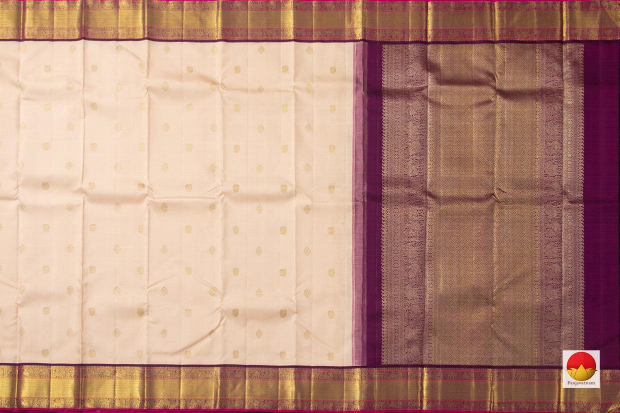 Cream Kanchipuram Silk Saree With A Contrast Purple Border Handwoven Pure Silk Pure Zari For Wedding Wear PV NYC 902 - Silk Sari - Panjavarnam PV NYC 902