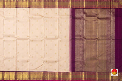 Cream Kanchipuram Silk Saree With A Contrast Purple Border Handwoven Pure Silk Pure Zari For Wedding Wear PV NYC 902 - Silk Sari - Panjavarnam PV NYC 902