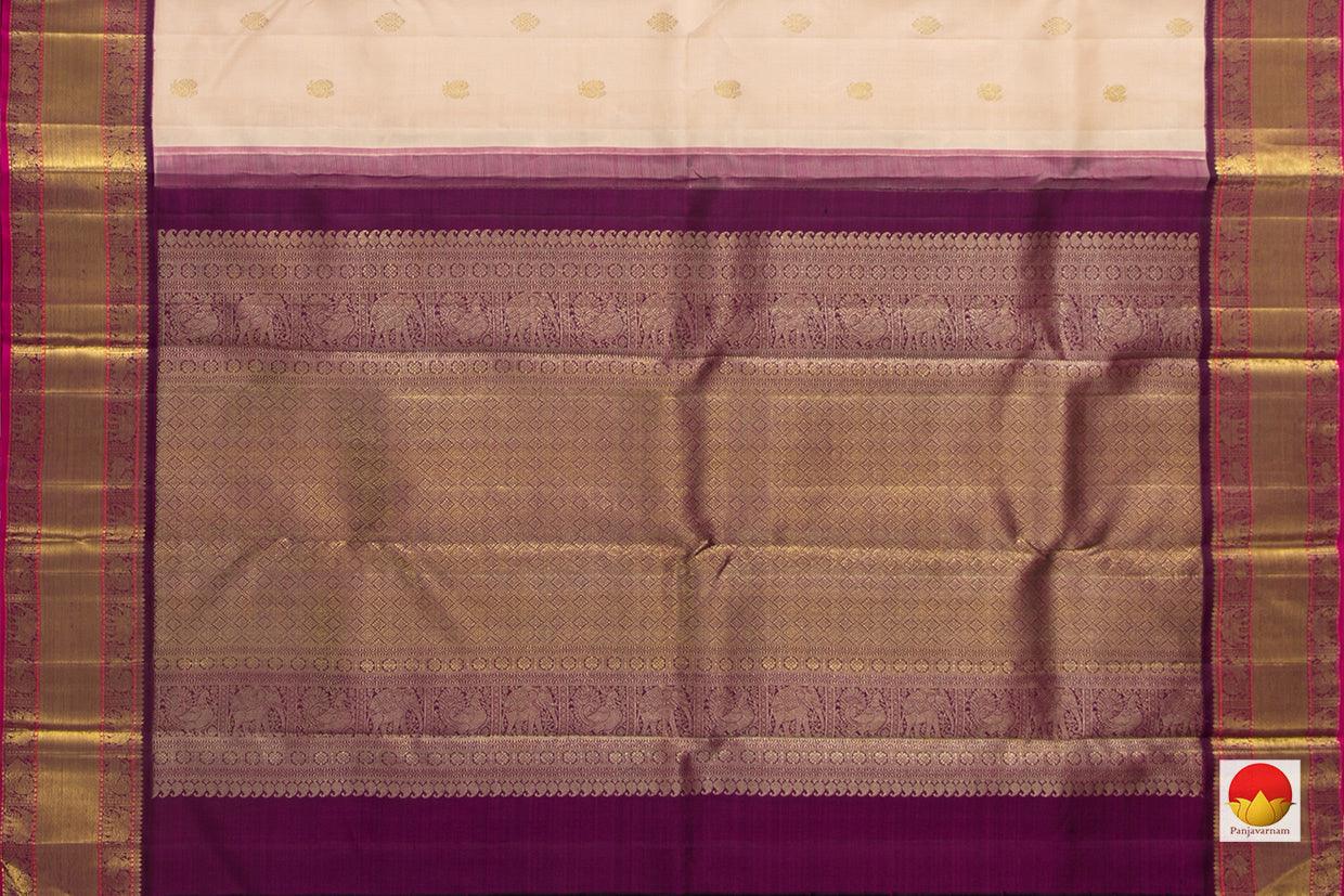 Cream Kanchipuram Silk Saree With A Contrast Purple Border Handwoven Pure Silk Pure Zari For Wedding Wear PV NYC 902 - Silk Sari - Panjavarnam PV NYC 902