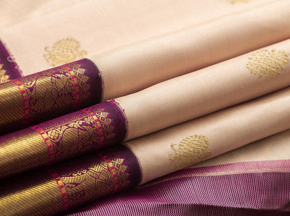 Cream Kanchipuram Silk Saree With A Contrast Purple Border Handwoven Pure Silk Pure Zari For Wedding Wear PV NYC 902 - Silk Sari - Panjavarnam PV NYC 902