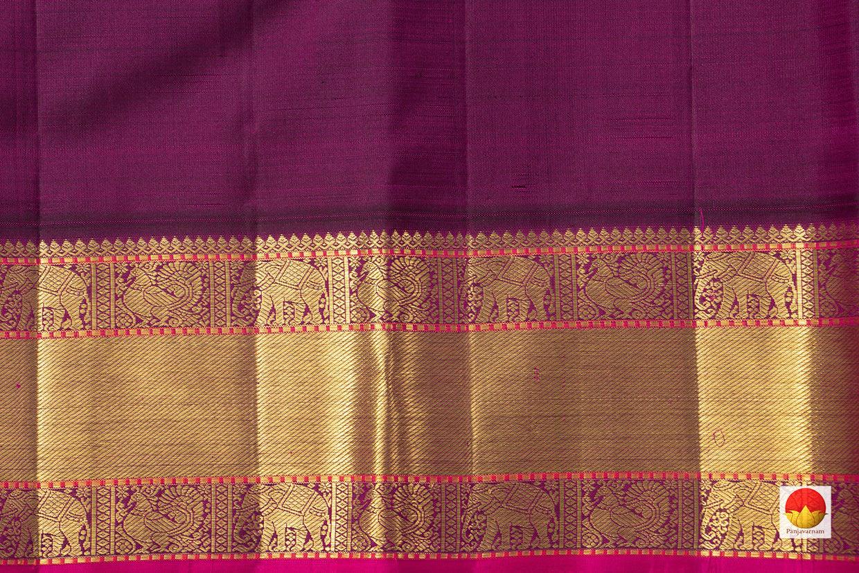 Cream Kanchipuram Silk Saree With A Contrast Purple Border Handwoven Pure Silk Pure Zari For Wedding Wear PV NYC 902 - Silk Sari - Panjavarnam PV NYC 902