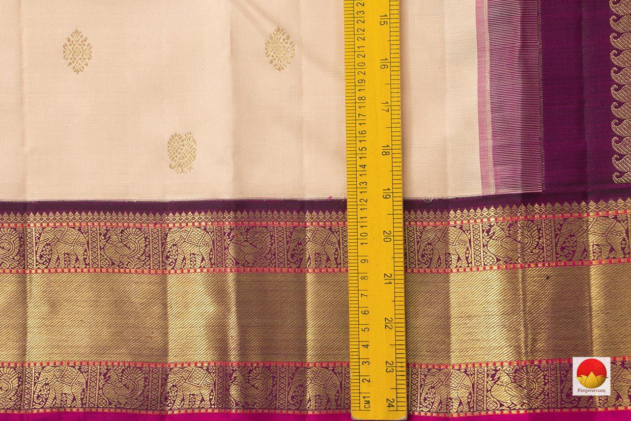 Cream Kanchipuram Silk Saree With A Contrast Purple Border Handwoven Pure Silk Pure Zari For Wedding Wear PV NYC 902 - Silk Sari - Panjavarnam PV NYC 902