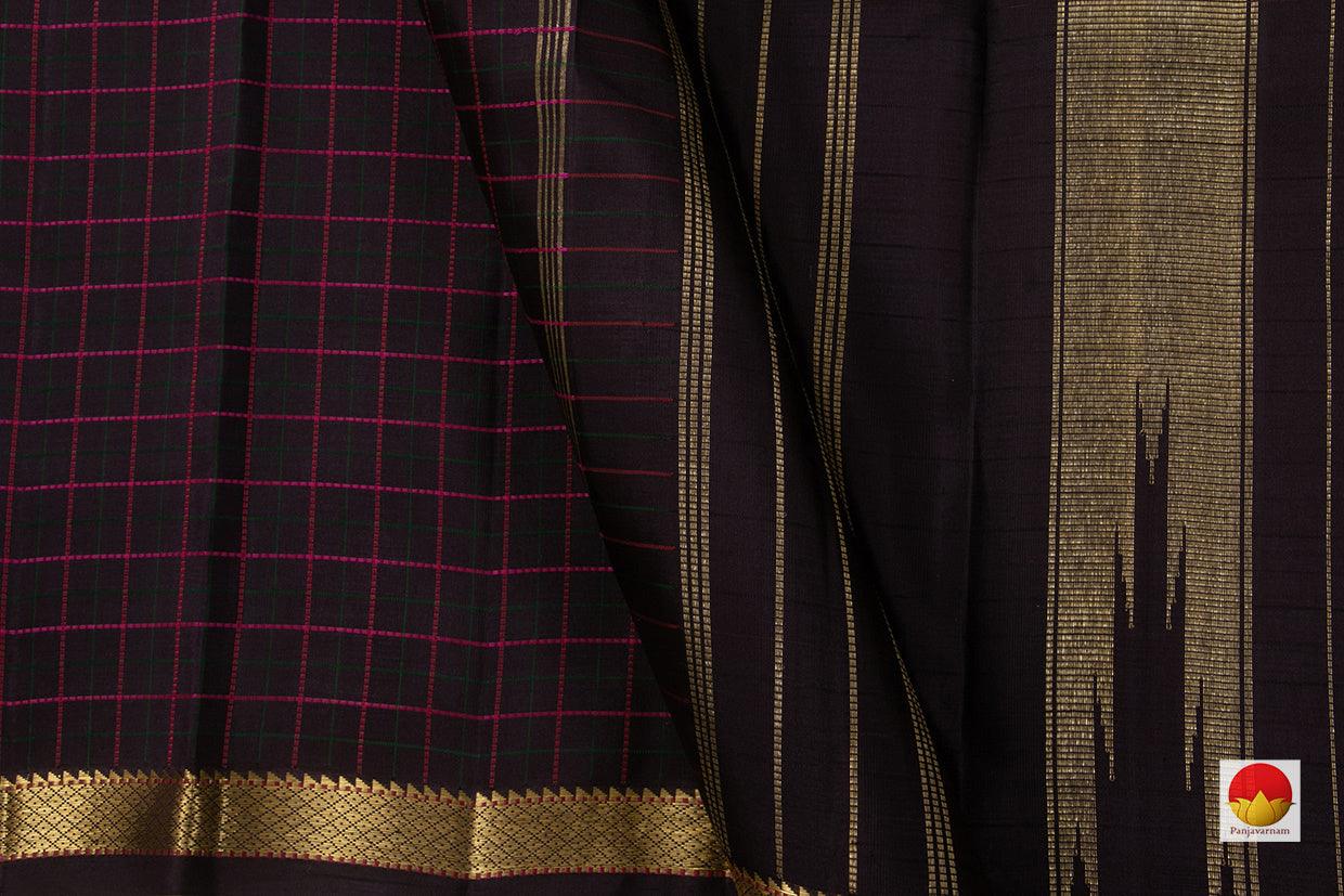 Dark Purple Kanchipuram Silk Saree With Magenta And Green Checks Handwoven Pure Silk Pure Zari For Wedding Wear PV NYC 587 - Silk Sari - Panjavarnam