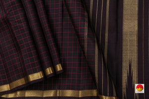 Dark Purple Kanchipuram Silk Saree With Magenta And Green Checks Handwoven Pure Silk Pure Zari For Wedding Wear PV NYC 587 - Silk Sari - Panjavarnam PV NYC587