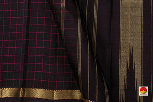 Dark Purple Kanchipuram Silk Saree With Magenta And Green Checks Handwoven Pure Silk Pure Zari For Wedding Wear PV NYC 587 - Silk Sari - Panjavarnam PV NYC587