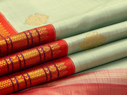 Elachi Green And Red Kanchipuram Silk Saree With Medium Border Handwoven Pure Silk For Festive Wear PV J 226 - Silk Sari - Panjavarnam