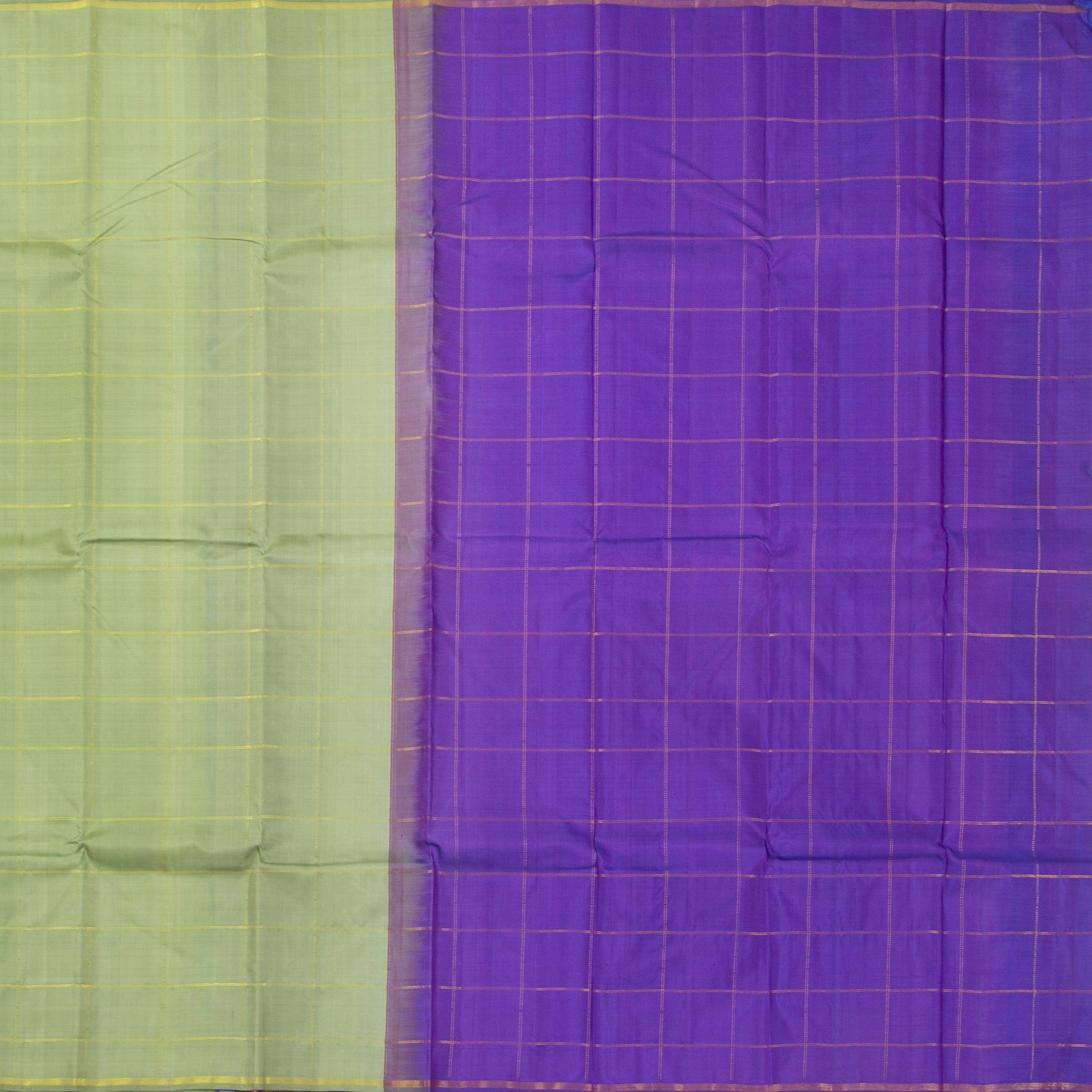 Elachi Green And Violet Kanchipuram Borderless Silk Saree Handwoven Pure Silk Pure Zari For Festive Wear PV NYC 1408 - Silk Sari - Panjavarnam PV NYC 1408