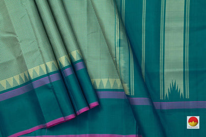 Elachi Green Kanchipuram Silk Saree Handwoven Pure Silk Checks Temple Border No Zari PV KNN 197 - Silk Sari - Panjavarnam PV KNN 197