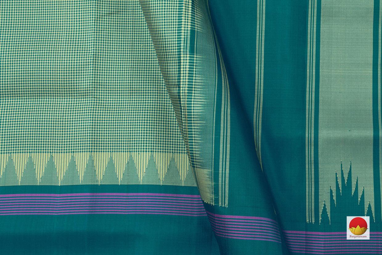 Elachi Green Kanchipuram Silk Saree Handwoven Pure Silk Checks Temple Border No Zari PV KNN 197 - Silk Sari - Panjavarnam PV KNN 197