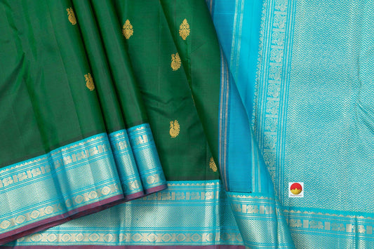 Green And Anandha Blue Kanchipuram Silk Saree With Medium Border Handwoven Pure Silk For Festive Wear PV J 222 A - Silk Sari - Panjavarnam