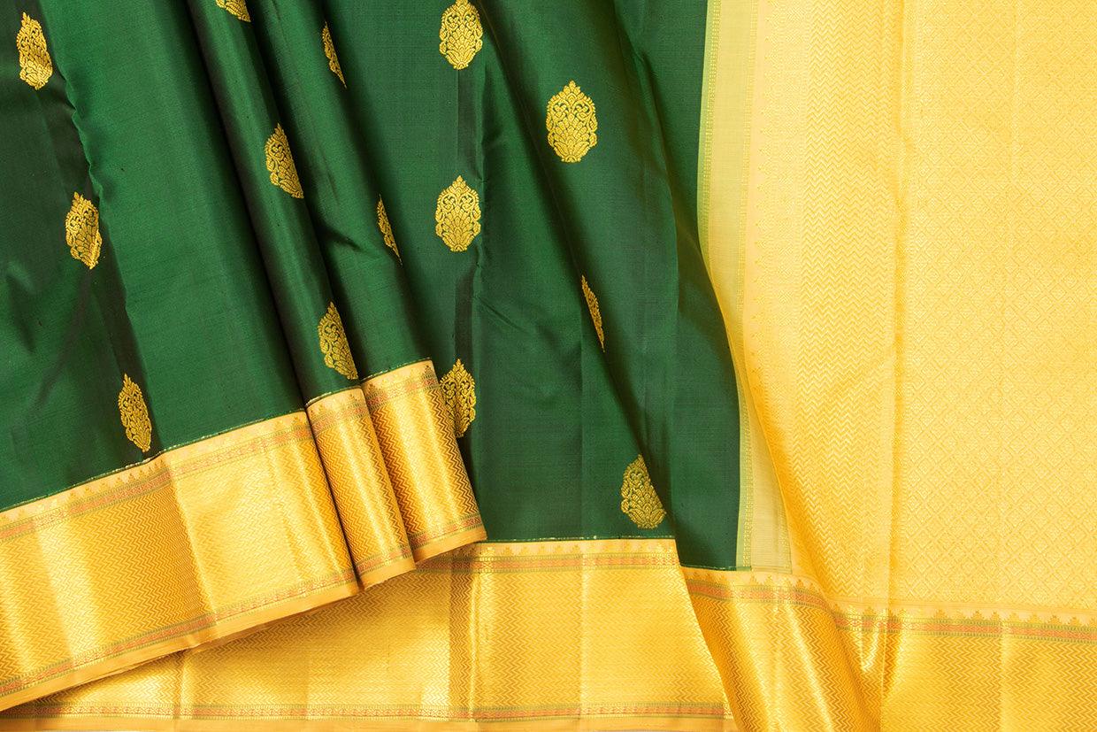 Green And Beige Kanchipuram Silk Saree With Gold floral motifs And Medium Border Handwoven Pure Silk For Wedding Wear PV 2032 - Silk Sari - Panjavarnam PV 2032